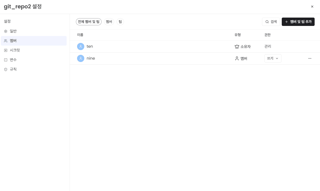 저장소 멤버/팀 조회 화면