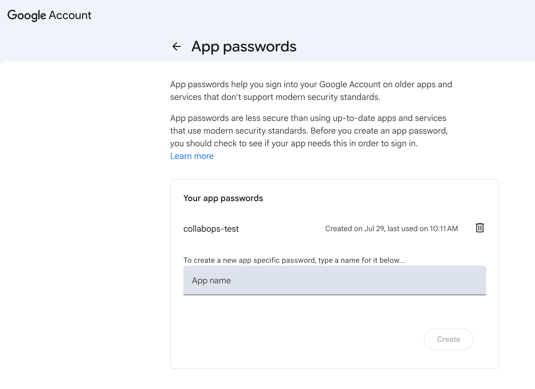 Google App passwords creation screen