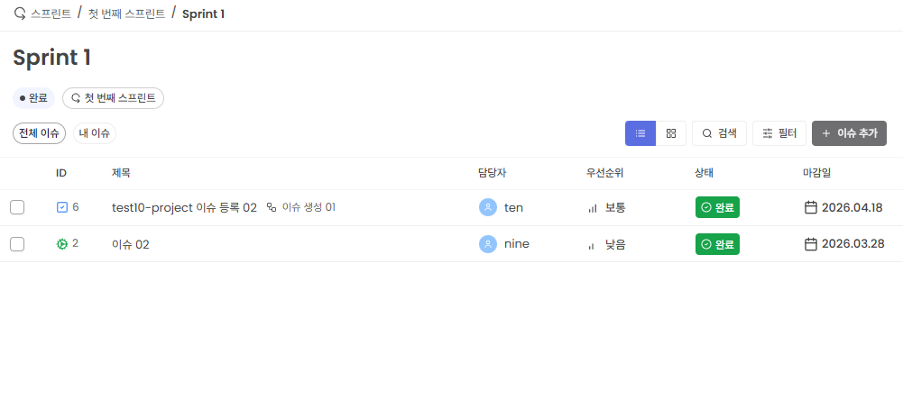 스프린트 이슈 목록 이동 화면