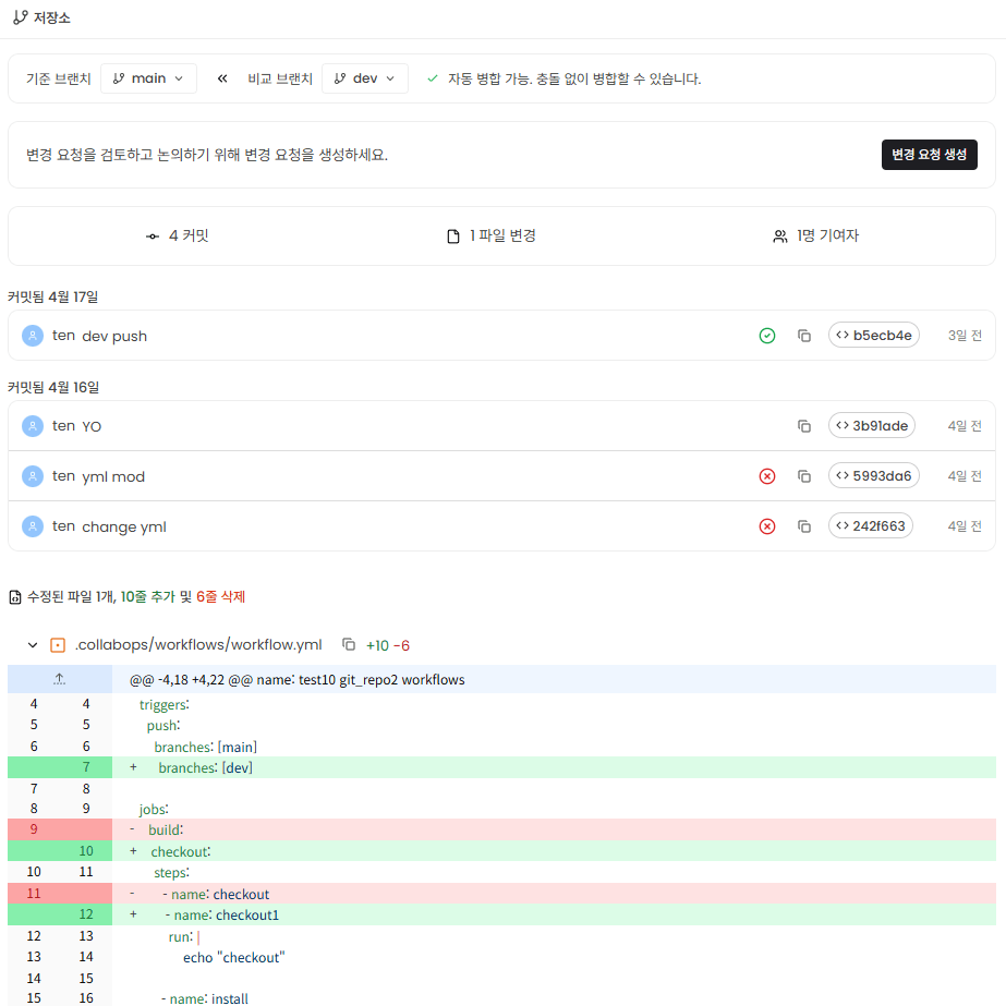 브랜치 diff 비교 화면