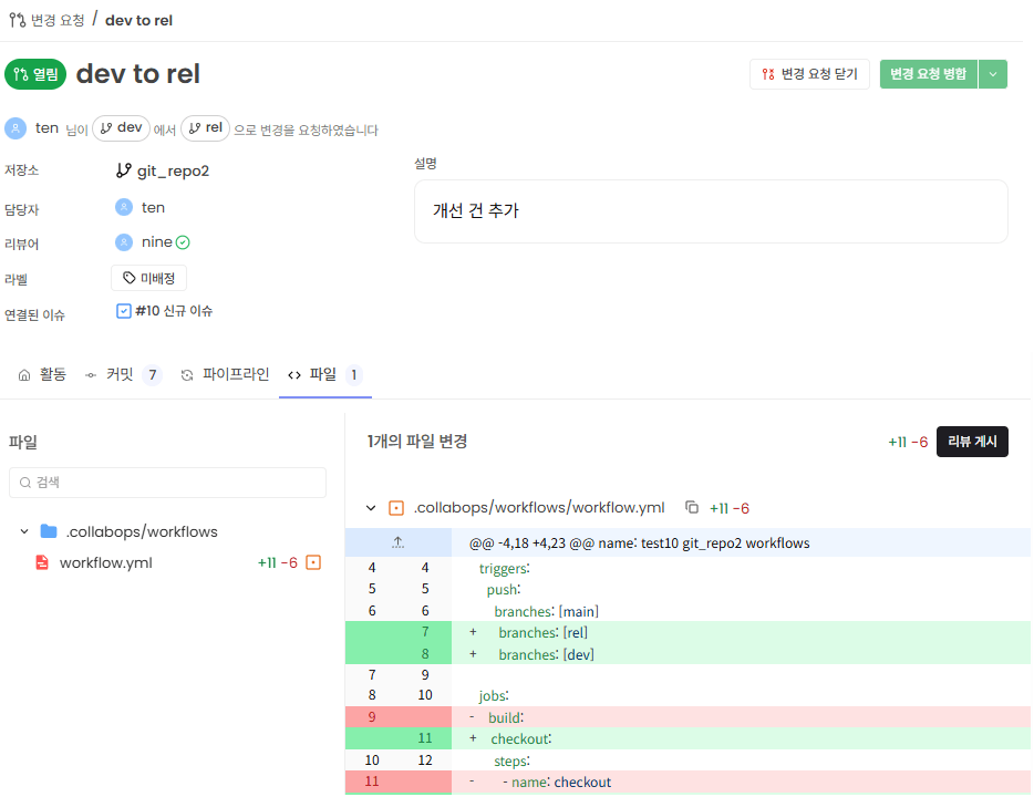 변경된 파일 탭 화면
